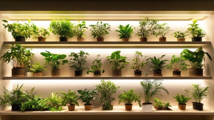 A contemporary indoor garden setup with a variety of plants arranged on floating shelves, soft lighting, and a tranquil atmosphere offering space for text.