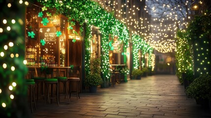 Fototapeta premium Irish Pub Street at Night: A charming and festive atmosphere fills the air as twinkling lights illuminate a cobblestone street lined with traditional Irish pubs.
