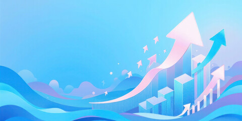 Aspirational Growth Arrow" Vibrant Digital Illustration with Purple-Pink Gradient and Light Blue Sky, Ideal for Progress and Success Themes
