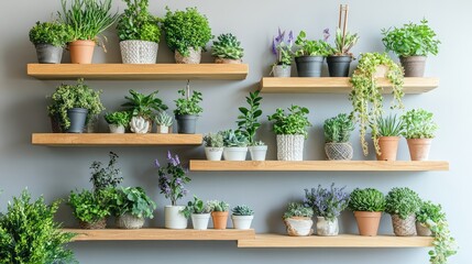 A contemporary indoor garden setup with a variety of plants arranged on floating shelves, soft lighting, and a tranquil atmosphere offering space for text.