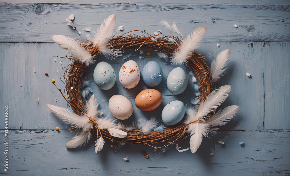 Poster Basket of eggs with a wreath of feathers around them. The eggs are in different colors and sizes