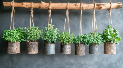 A creative garden idea with a vertical herb garden using hanging pots and rustic wood, leaving room for text and concept design ideas.