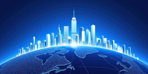 Global Cityscape Globe" Digital Art with Futuristic Skyline and Dark Blue Sky, Ideal for International Business and Urban Development Themes