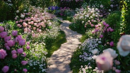 A flower garden path lined with blooming roses, tulips, and daisies, leaving ample room for garden concept ideas and text.