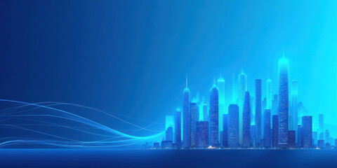 Dreamlike Futuristic Cityscape" with Illuminated Skyscrapers and Blue Gradient, Ideal for Tech and Innovation Themes