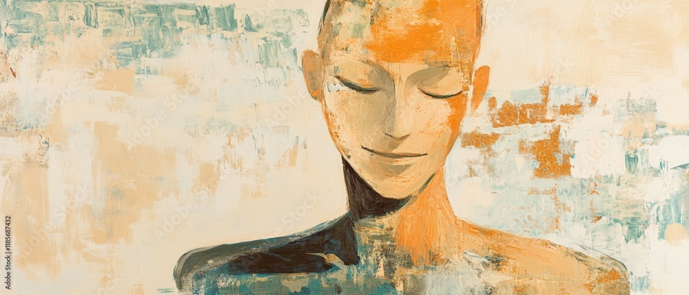 Poster abstract portrait of a serene figure with soft colors, conveying calmness and introspection in conte