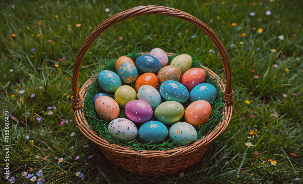 Poster basket full of easter eggs. the eggs are in different colors and sizes. the basket is on a grassy fi