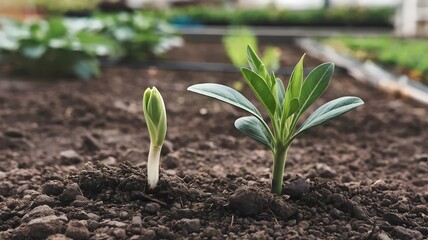 A photo of a plant's life cycle. There's a sprout emerging from the soil. Next to it, there's a slightly larger plant with several leaves and a developed stem. 