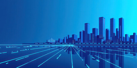 Crescent Cityscape" Digital Art with Sharp Lines and Neon Blue Network, Ideal for Sci-Fi and Futuristic Business Themes