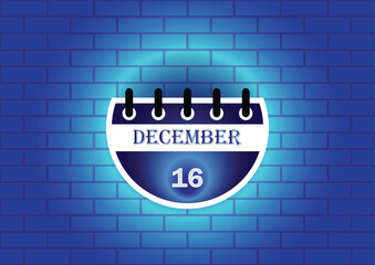 A stylized calendar page showing December 16th, digitally rendered against a blue brick wall backdrop.  The image is ideal for date reminders, event planning, or scheduling related content.