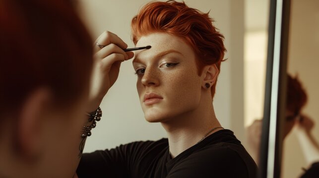 Attractive man with red hair applying eyeliner in front of a mirror in a stylish home setting during makeup routine - Powered by Adobe