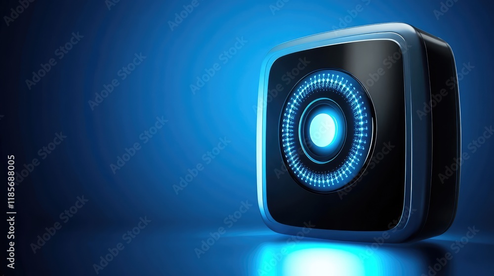 Poster a futuristic data security system glowing softly, displayed on a sleek modern background with ample 