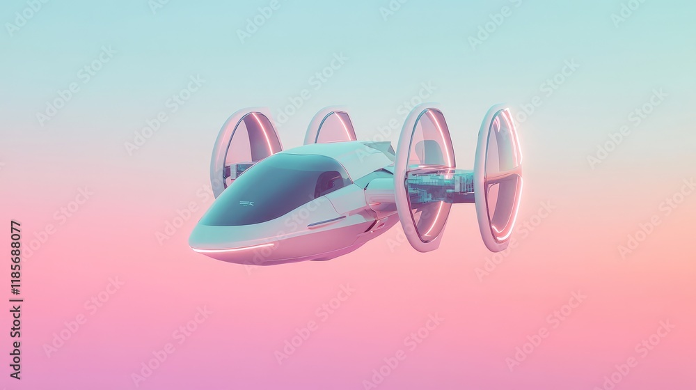 Poster a futuristic drone hovering against a soft sky gradient, with sleek minimalist design and ample spac