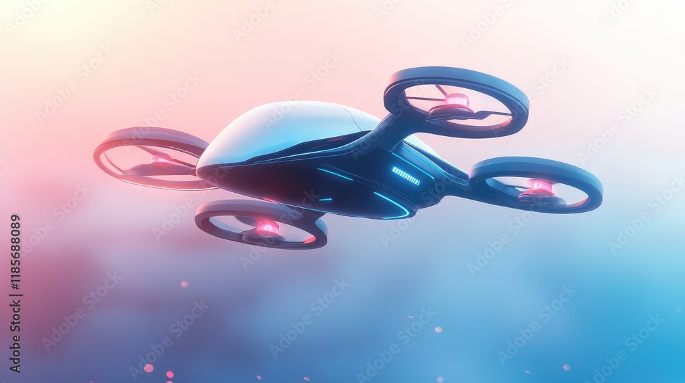 Poster a futuristic drone hovering against a soft sky gradient, with sleek minimalist design and ample spac