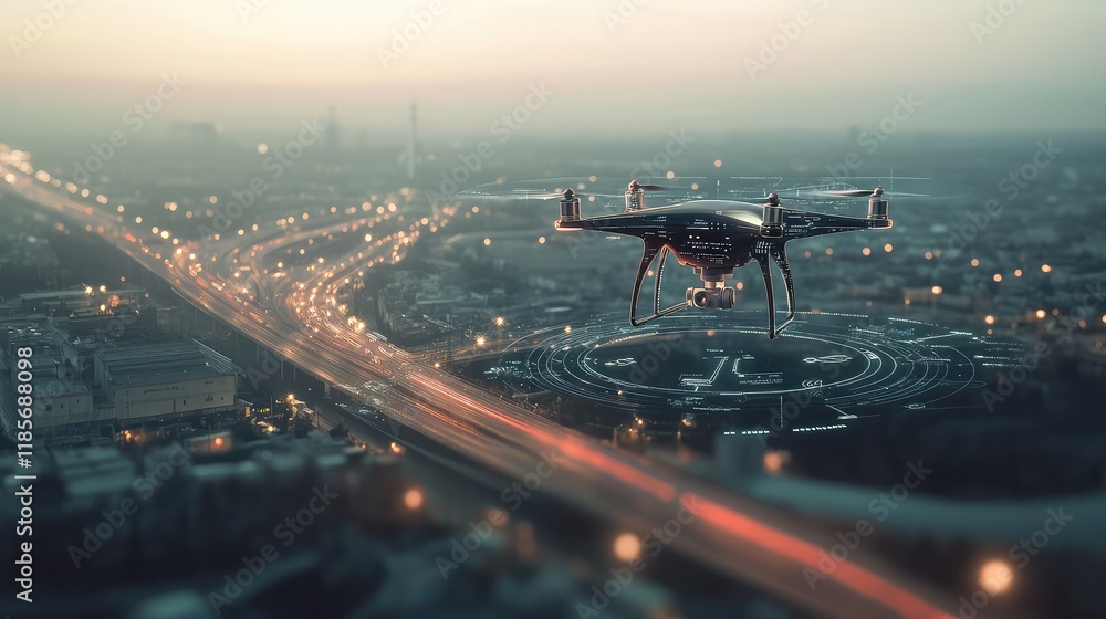 Poster a futuristic drone traffic management interface glowing on a digital tablet, displayed in a clean se