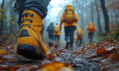 Hikers in yellow jackets and boots walking through a misty forest, surrounded by autumn leaves.