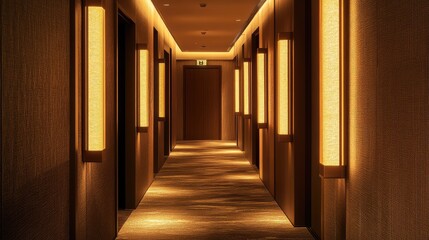 A futuristic hallway illuminated by smart lighting panels glowing softly, displayed in a clean and neutral setting with blank space