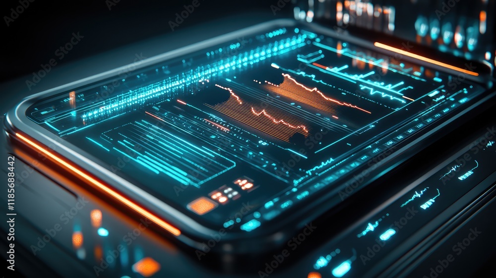 Poster a futuristic health scanner glowing with advanced ai capabilities, resting on a sleek neutral backgr