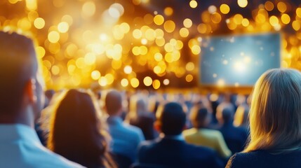 The Glow of the Spotlight: A large crowd of people gathered at an event, their faces turned towards a bright, illuminated stage.