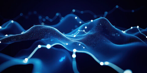 Futuristic Landscape of Blue Electrical Lines and White Lights, Perfect for Tech and Environmental Themes, Highlighting Nature-Industry Dichotomy in Digital Art