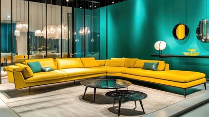 Yellow Leather Sectional Sofa in Modern Living Room 