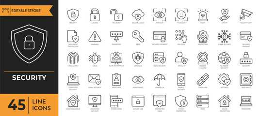 Security icon set. Containingsafety, insurance, data protection, encryption, locked, password, cybersecurity and more. Vector illustration