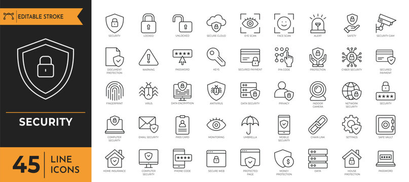 Security icon set. Containingsafety, insurance, data protection, encryption, locked, password, cybersecurity and more. Vector illustration