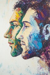 Artistic portrait of two men in profile showcasing vibrant colors, expressionism, and modern creativity, symbolizing duality, identity, and artistic interpretation.
