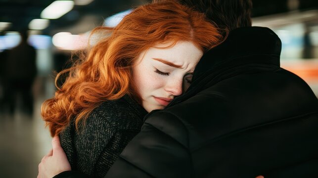 Tender Farewell: A poignant moment of parting, as a woman with fiery red hair leans into a man's embrace, her tearful expression reflecting the bittersweet nature of goodbye.