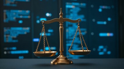 Golden Scales of Justice Before a Digital Background