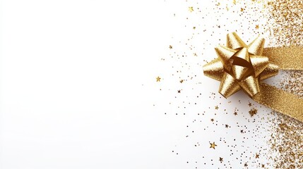 Gold bow with glitter sparkle. Shiny ribbon, festive decoration. Celebration gift isolated on abstract background. Elegant design, bright adornment for chic occasions.