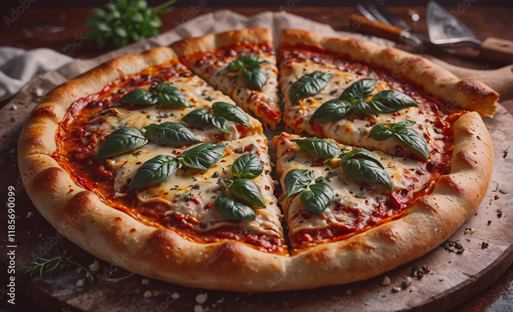 Aufkleber Pizza with a slice missing and a fork and knife on the table. The pizza is topped with basil