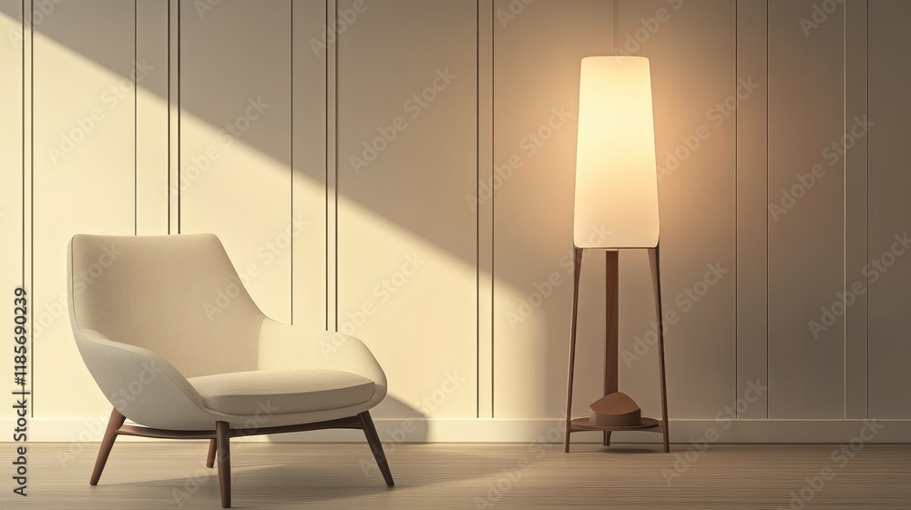 Poster a glowing smart floor lamp with app-controlled brightness and hues, displayed in a neutral and spaci