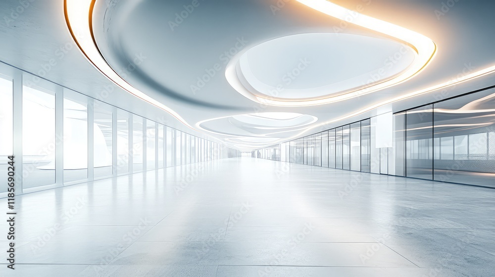 Poster A glowing smart light system embedded in a futuristic ceiling, casting customizable patterns in a sleek room with blank space