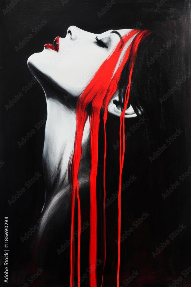 Poster artistic representation of a womans profile with striking red paint, symbolizing emotion and express