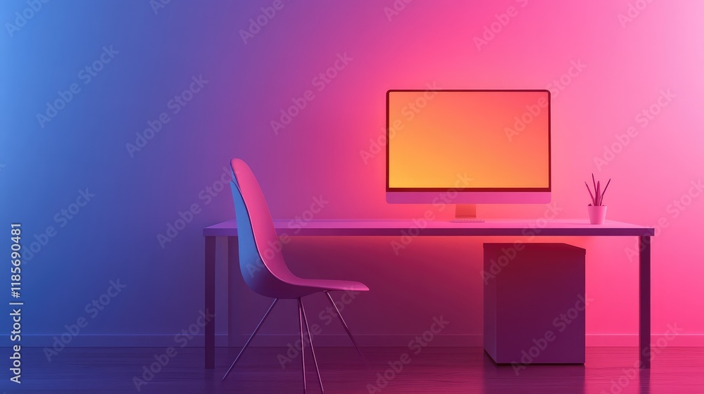 Poster a glowing virtual office design concept displayed on a sleek gradient surface with room for creative
