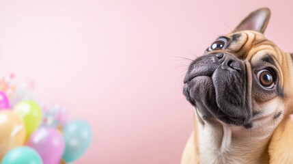 French Bulldog Birthday Celebration:  A playful French Bulldog puppy stares expectantly at colorful balloons, a joyous reminder of the fun and celebration of birthdays.  