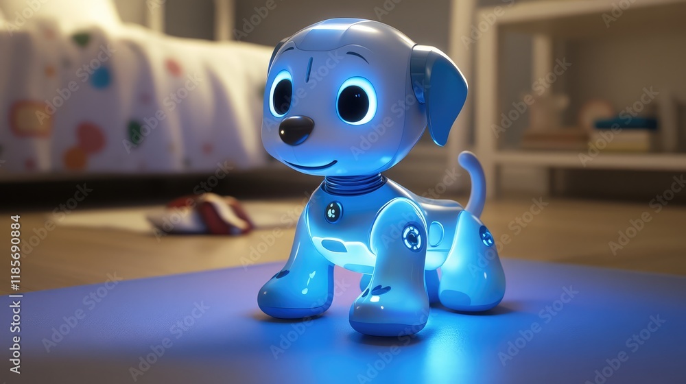 Poster a high-tech robotic pet glowing with interactive features, placed on a clean floor with plenty of ro