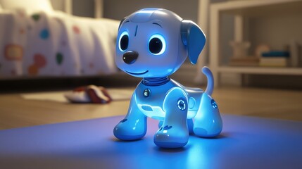 A high-tech robotic pet glowing with interactive features, placed on a clean floor with plenty of room for creative use