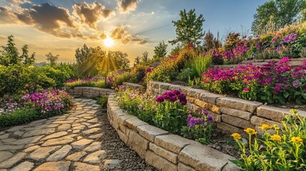 A landscaped hillside garden with terraced flower beds and a stone pathway under golden sunlight.