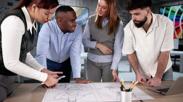Cartoon Storyboard Artists Discussing Pencil Sketch