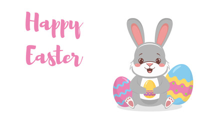 Cute bunny holding a yellow egg with pastel Easter eggs around, Happy Easter text in pink, on a white background, celebration concept