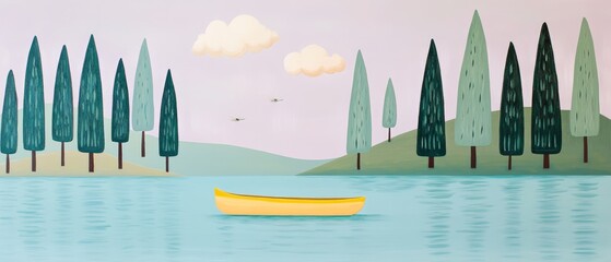 Canoe floating on a serene lake surrounded by trees and hills, illustrating outdoor adventure and nature exploration in a tranquil landscape setting.