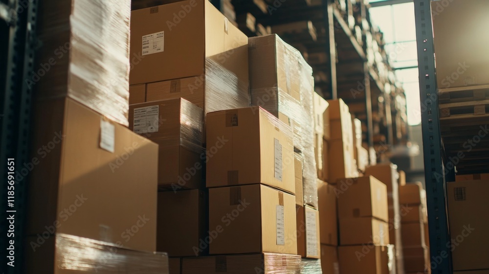 Poster warehouse operations stacked boxes in a distribution center industrial environment close-up view log