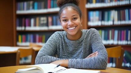 Smiling student engages with notes in a library, showcasing a vibrant and supportive academic environment
