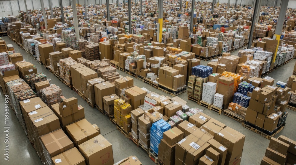 Poster warehouse operations inventory management in a large distribution center business environment aerial