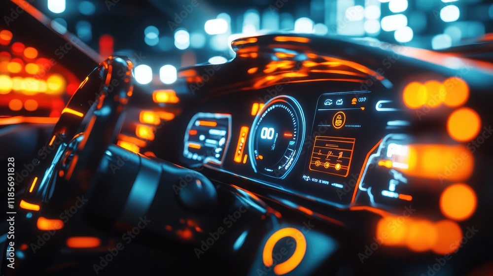 Poster a modern ev dashboard glowing with navigation features, displayed in a clean digital setting with ro