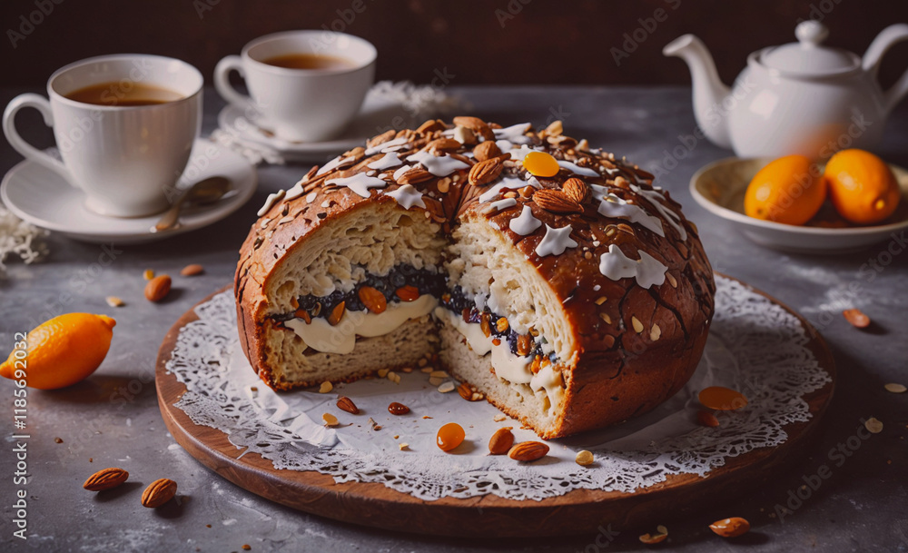 Poster cake with nuts and fruit on top of a wooden board. a slice of cake is missing
