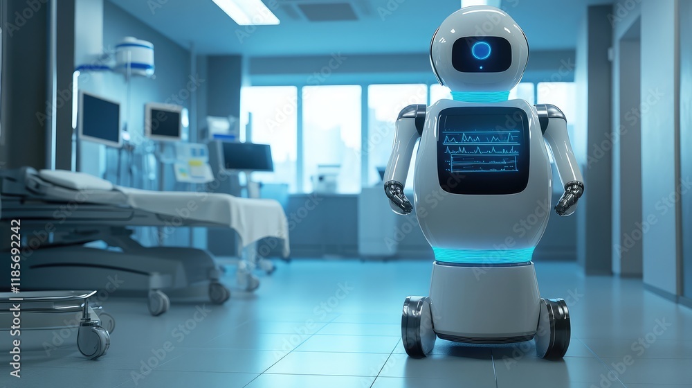 Poster a modern rehabilitation robot glowing with advanced features, placed in a clean healthcare environme