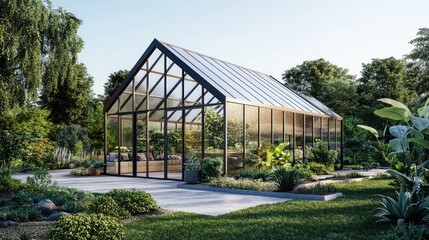 Fototapeta premium A modern, minimalist greenhouse with clean lines, large glass windows, and neat rows of plants, ideal for showcasing plant growth and offering ample space for text.